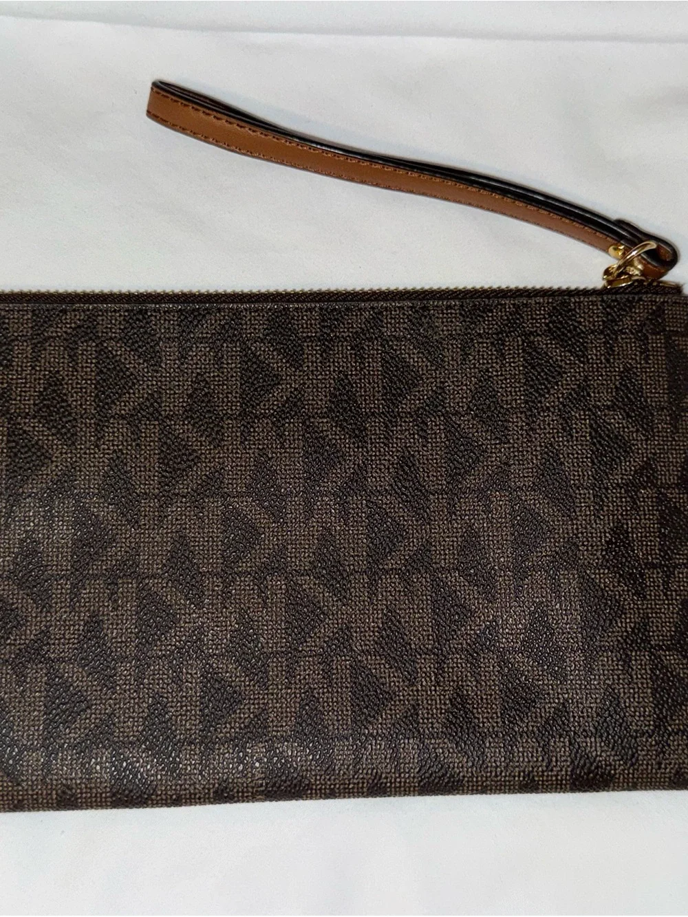 Michael Kors Brown MK Logo Wristlet Pouch with Tan Strap